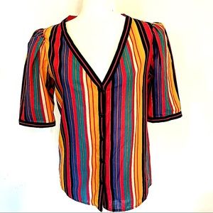 Miss O D by Oscar de la Renta cotton striped puff sleeve button down v neck